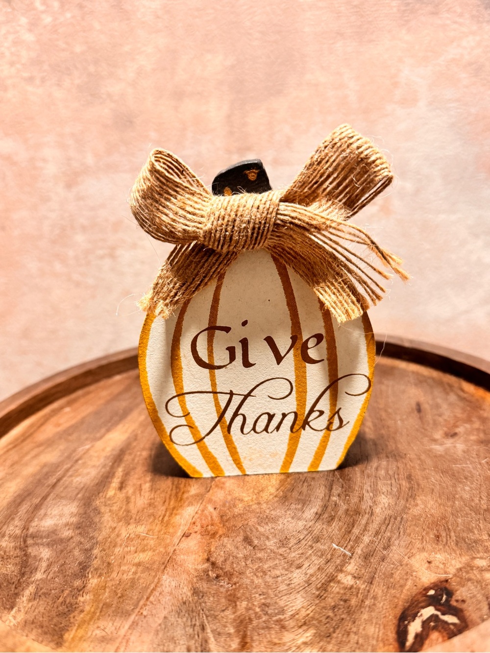 Give Thanks Wooden Pumpkin Sign Burlap Bow Fall Thanksgiving Decor
